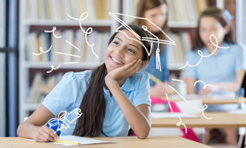 Middle School girl smiles while daydreaming about her future